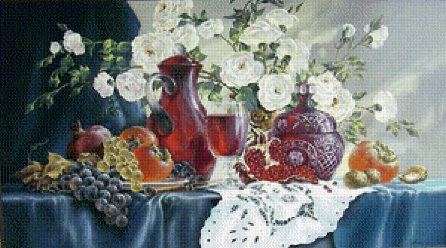 Натюрморт - бокал, розы, фрукты, вино - предпросмотр