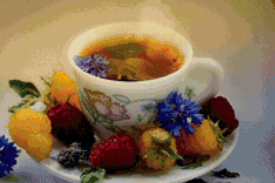 чашка чаю - цветы, на кухню, ягоды, чай, чашка - предпросмотр