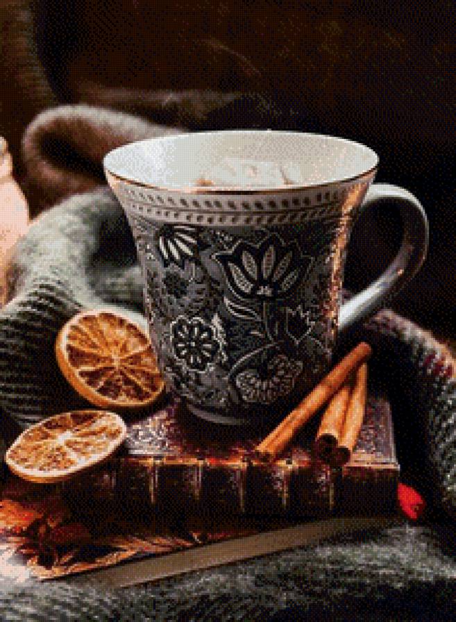 чай с корицей - узор., книга, чашка, романтика, лимон, кухня - предпросмотр