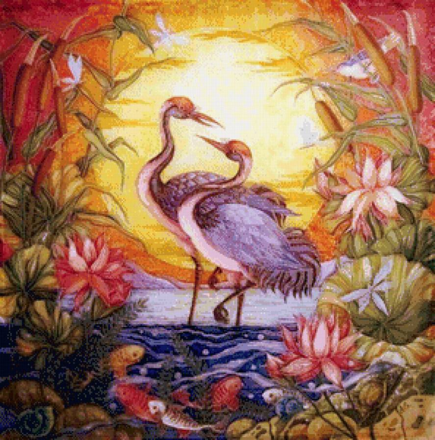 журавли - удача, пара, журавли, карп, фен шуй, любовь, пруд, япония - предпросмотр