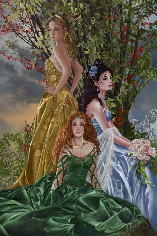 №691760 - фэнтези, картина, сад, цветы, девушки - оригинал