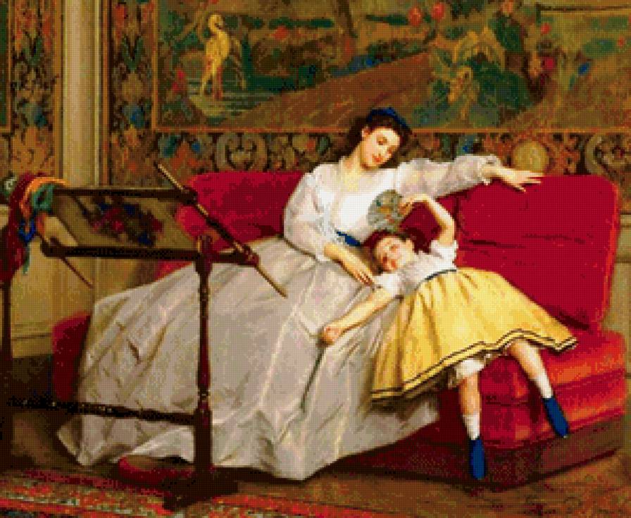 вышивальщица - картина, портрет, мать и дитя - предпросмотр