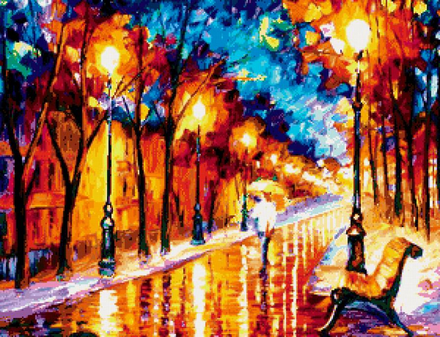 под дождем - картина, осень, фонарь - предпросмотр