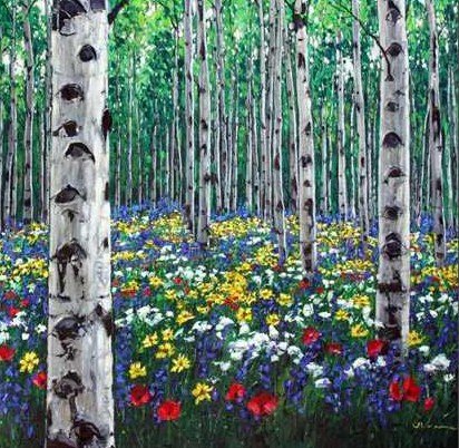 Березовая роща весной - весна, цветы, роща, картина, березы - оригинал