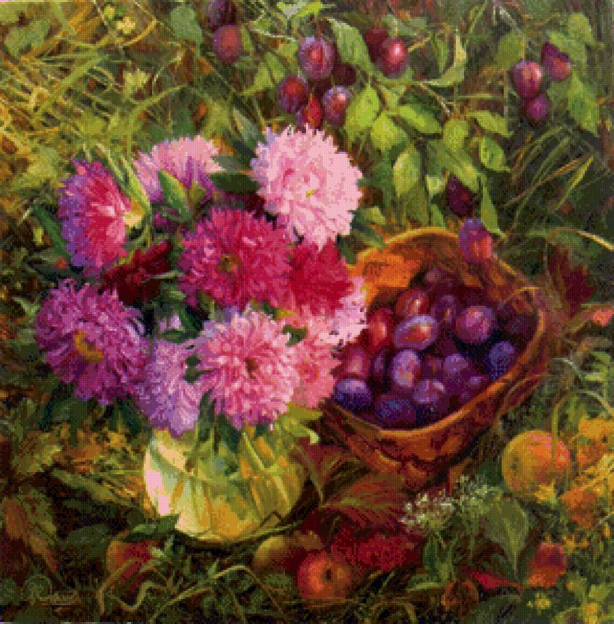 В.Жданов5 - сливы, натюрморт, картина, астры, цветы, художник - предпросмотр