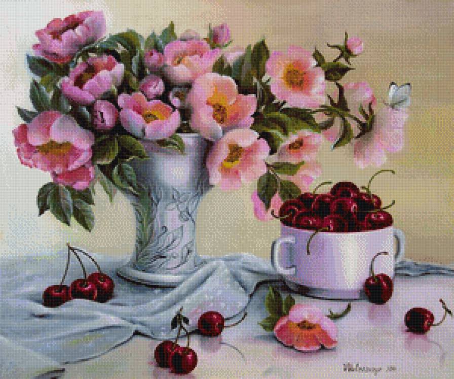 №695080 - картина, натюрморт, фрукты, цветы - предпросмотр