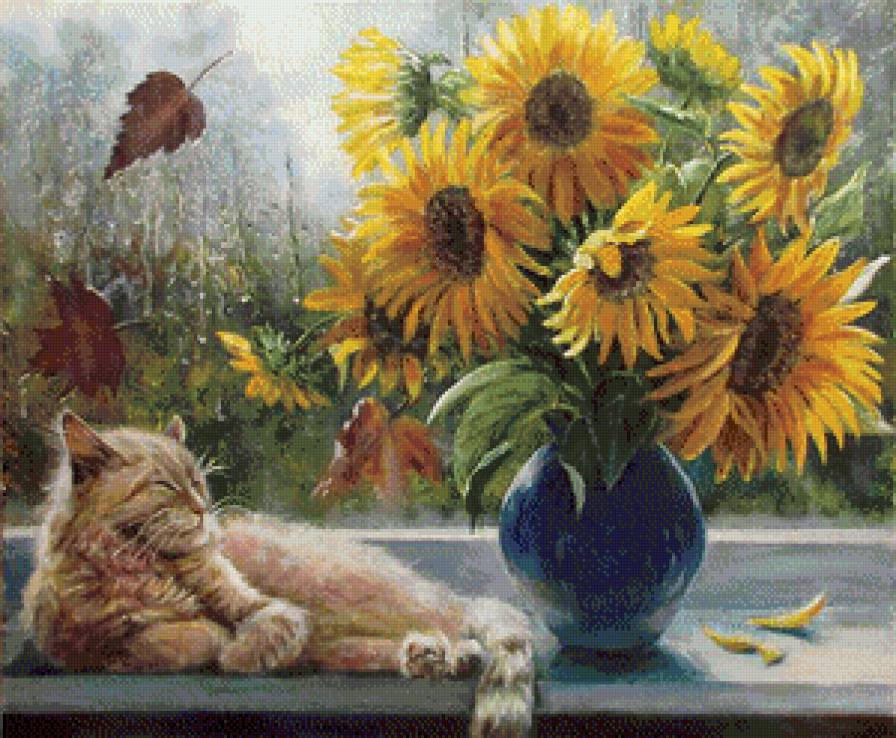 №695125 - кот, картина, натюрморт, подсолнухи, цветы - предпросмотр