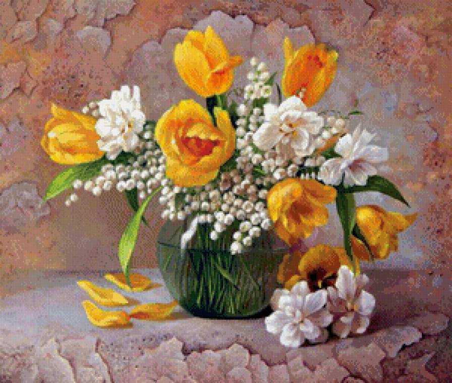 тюльпаны и ландыши - живопись, ваза, натюрморт, букет, тюльпаны, ландыши - предпросмотр