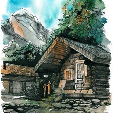 Схема вышивки «Домик в горах - акварель»
