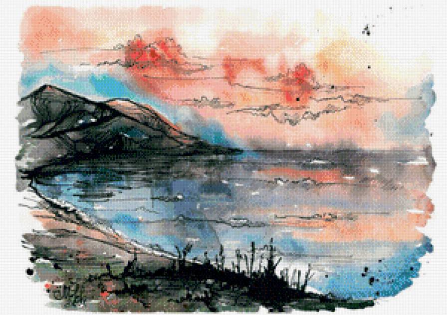 Бухточка - акварель - вода, бухта, облака, небо, берег, скалы, море - предпросмотр