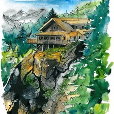 Схема вышивки «Домик в горах - акварель»