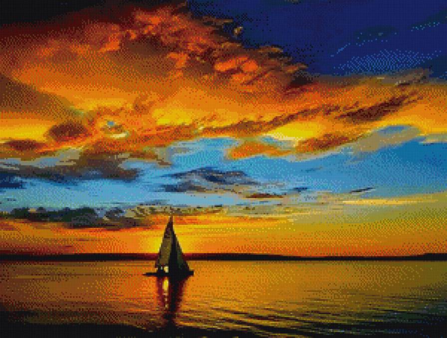 закат - облака, небо, парусник, вода, закат - предпросмотр