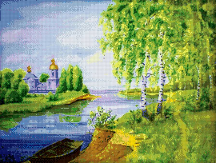 пейзаж - храм, пейзаж, лодка, березы - предпросмотр
