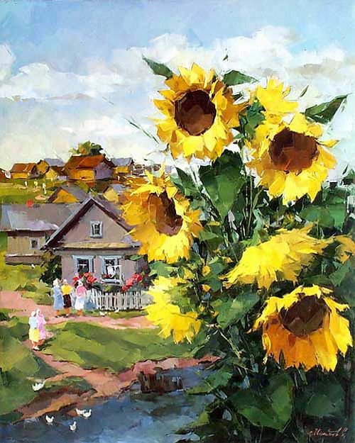 сельской пейзаж - пейзаж, подсолнухи, живопись, дом, село, деревня, лето, цветы - оригинал