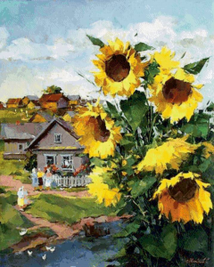 сельской пейзаж - подсолнухи, живопись, пейзаж, лето, село, дом, деревня, цветы - предпросмотр