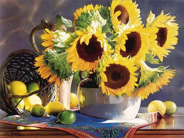 натюрморт с подсолнухом - подсолнухи, кухня, натюрморт, карзина, урожай - оригинал