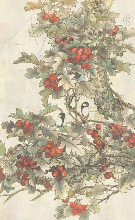 Японская живопись - птицы, рябина, осень - оригинал