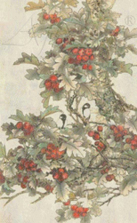 Японская живопись - птицы, осень, рябина - предпросмотр