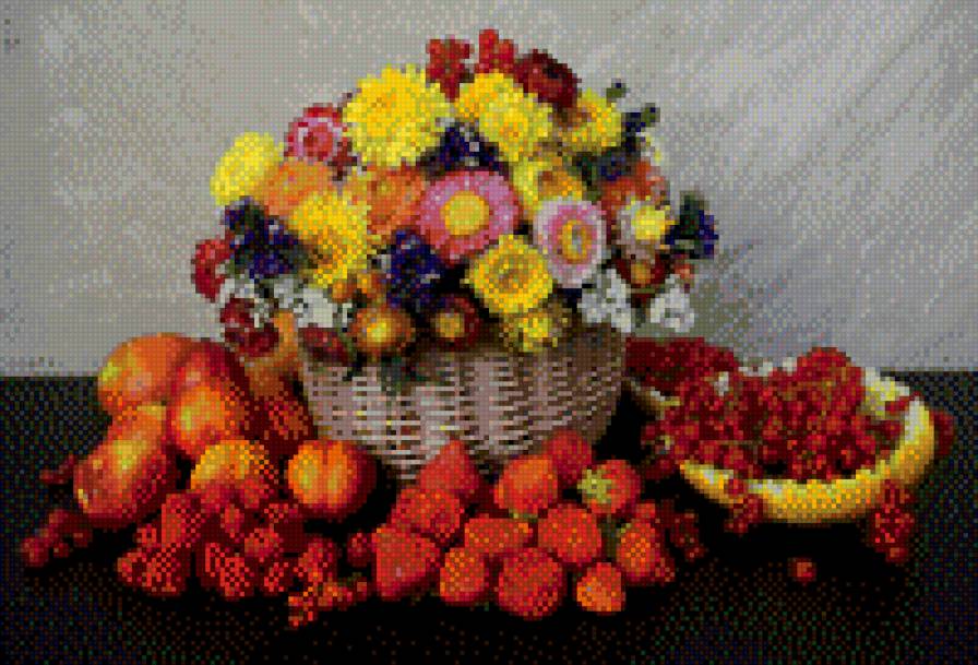 №697123 - натюрморт, ягоды, цветы, фрукты - предпросмотр