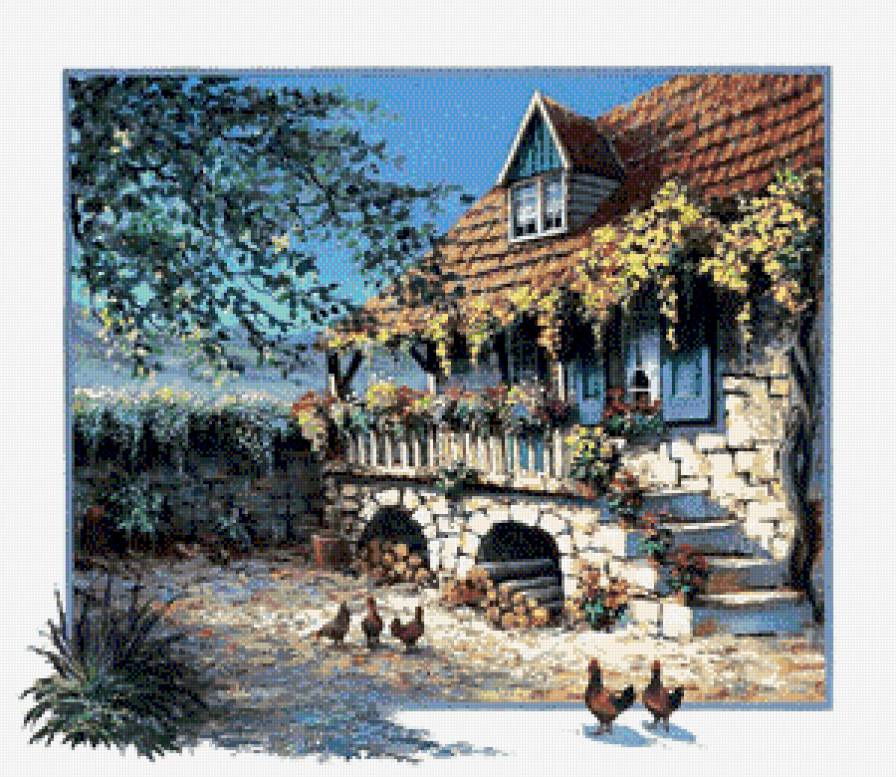 художник Рейнт Висаар - уют, дом, двор, картина, лето, птицы - предпросмотр