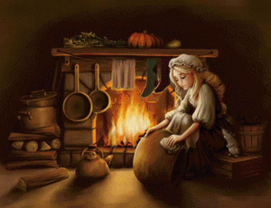 Золушка - огонь, девушка, уборка, камин - предпросмотр