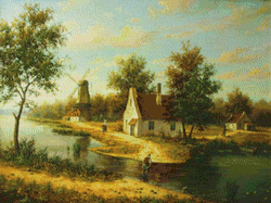 Голландский пейзаж - природа, домики, пейзаж - предпросмотр