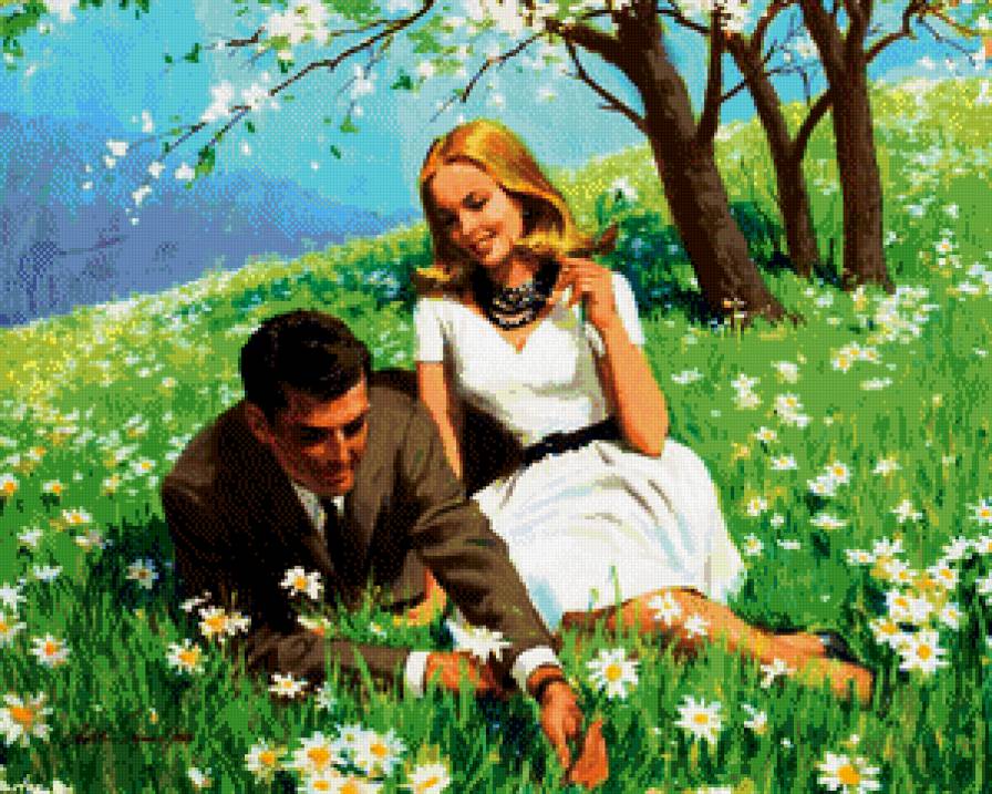на ромашковом поле - влюбленные, пара, цветы, романтика, двое - предпросмотр
