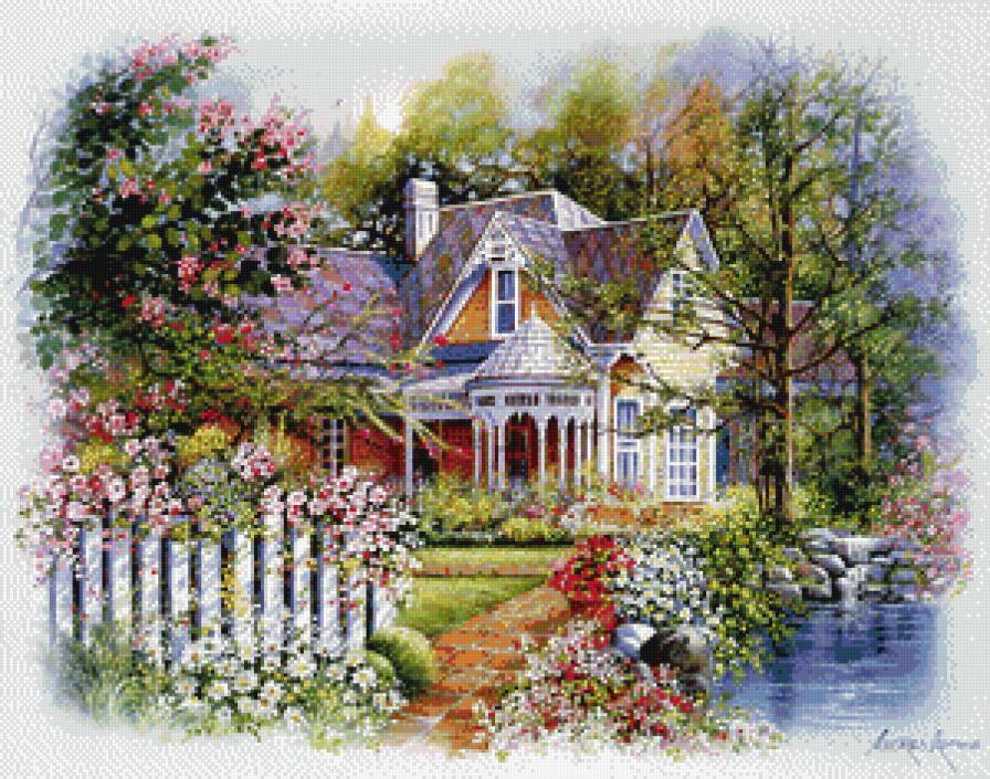 уютный дворик у озера - живопись - предпросмотр