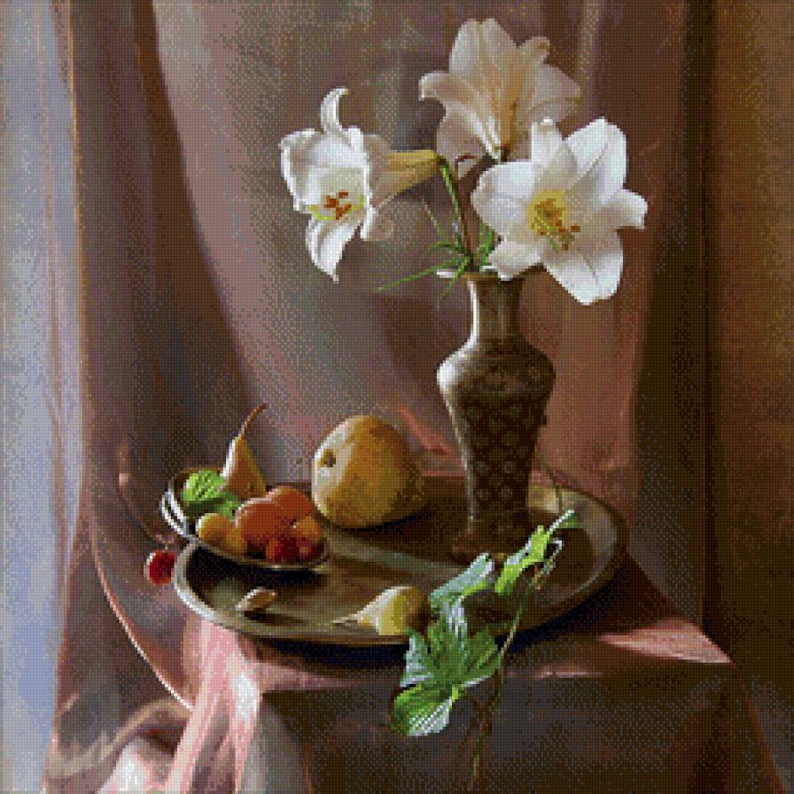 Натюрморт с лилиями - лилии, натюрморт, цветы - предпросмотр