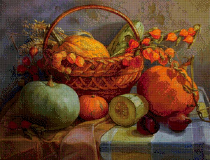 осенний натюрморт - корзина, еда, кухня, натюрморт, урожай, тыква, овощи - предпросмотр