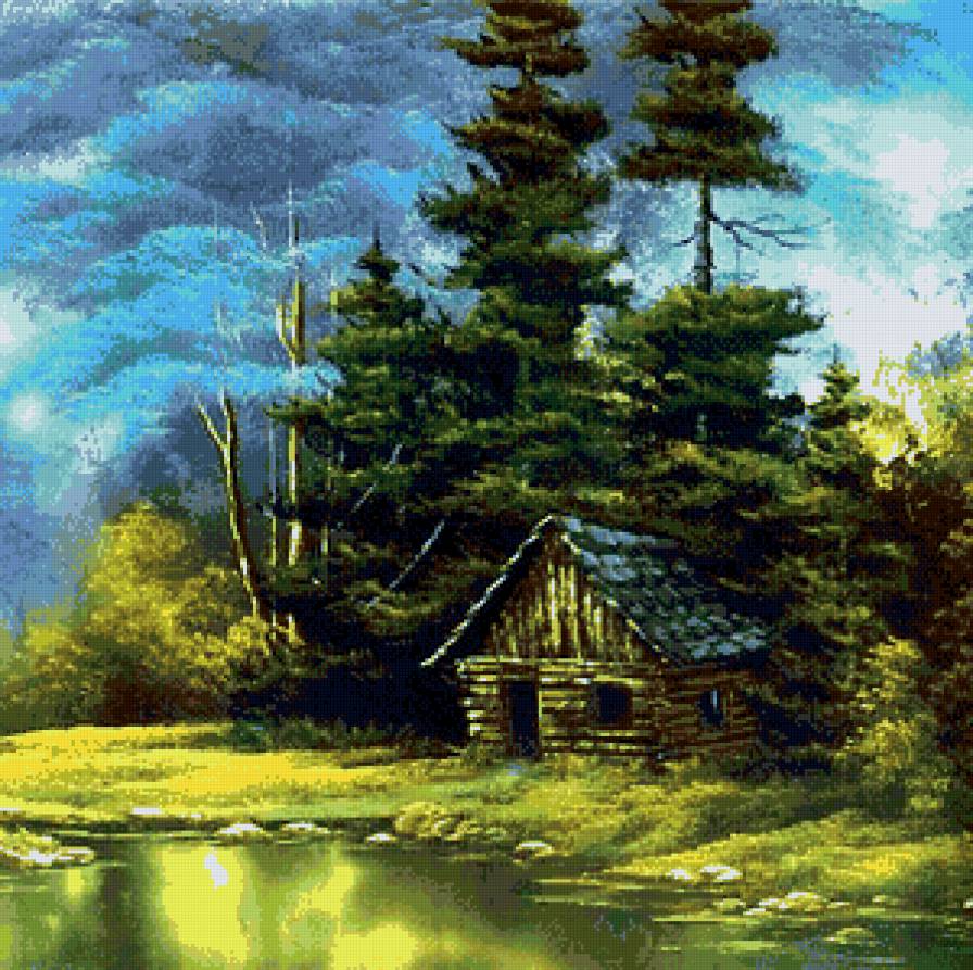 домик в лесу - лес, река, домик, пейзаж - предпросмотр