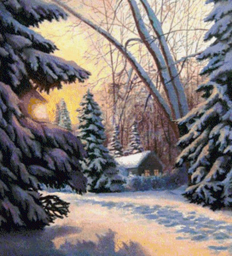 рассвет в зимнем лесу - лес, зима, пейзаж, снег, домик - предпросмотр