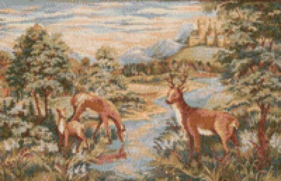 Олени - пейзаж, картина, лето, олени, замок - предпросмотр