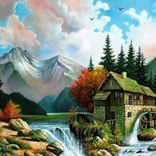 Схема вышивки «Мельница в горах»