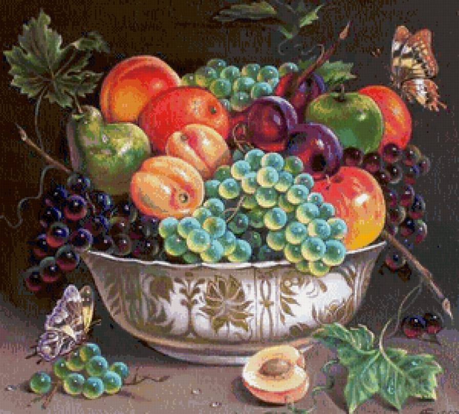 натюрморт - виноград, листья, натюрморт, картина, бабочки - предпросмотр