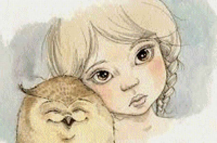 Сова и девочка - сова, птицы, рисунок, ребенок - предпросмотр
