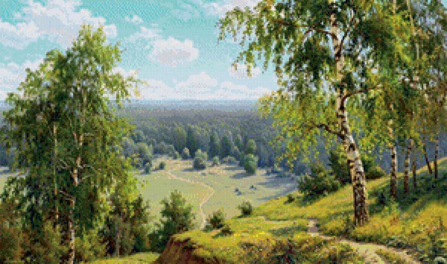 летний пейзаж - природа, поле, пейзаж, береза, лес, живопись, лето, жара - предпросмотр