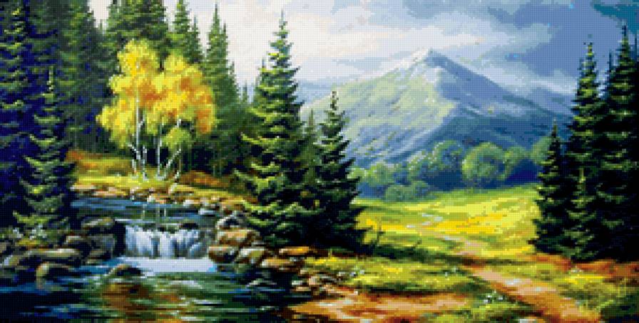 лесной водопад - река, водопад, лес, горы, пейзаж - предпросмотр