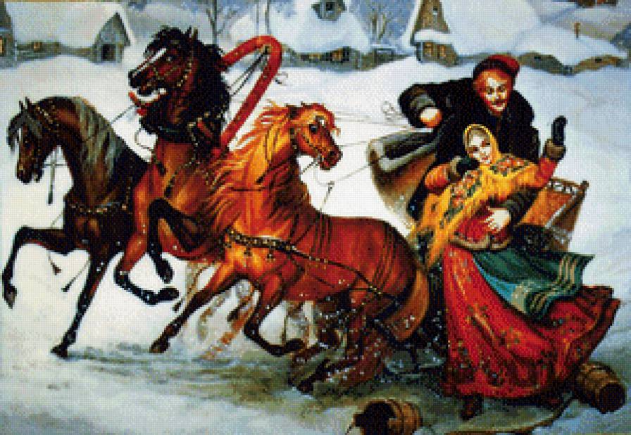 Русская тройка - лошади, зима, тройка, девушка - предпросмотр