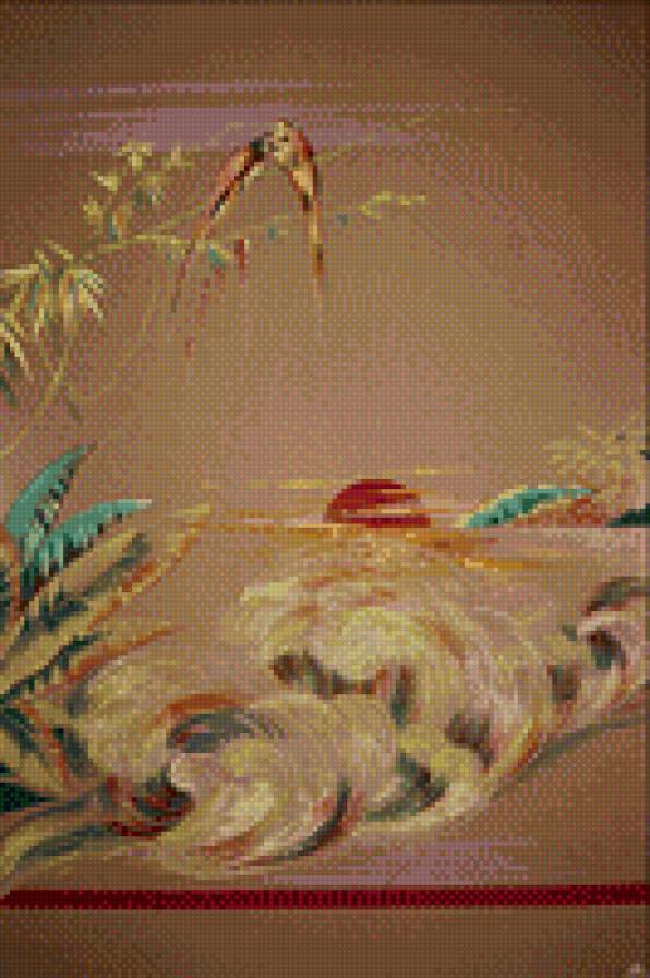 восточный пейзаж - птица, закат, дерево, пастель, пейзаж, ветка - предпросмотр