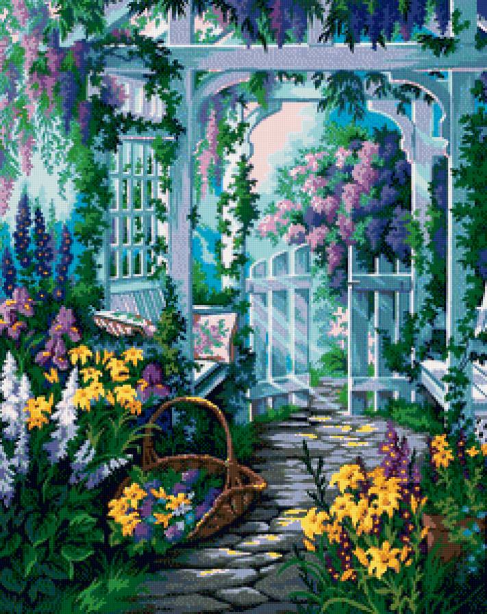 калитка в сад - цветы, пейзаж - предпросмотр