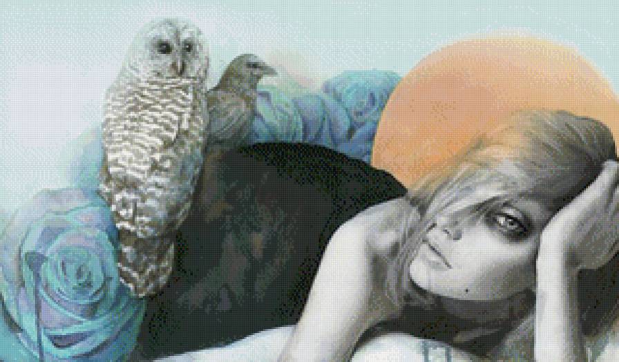 девушка с совой - арт, животные, живопись, сова, женщина, девушка - предпросмотр