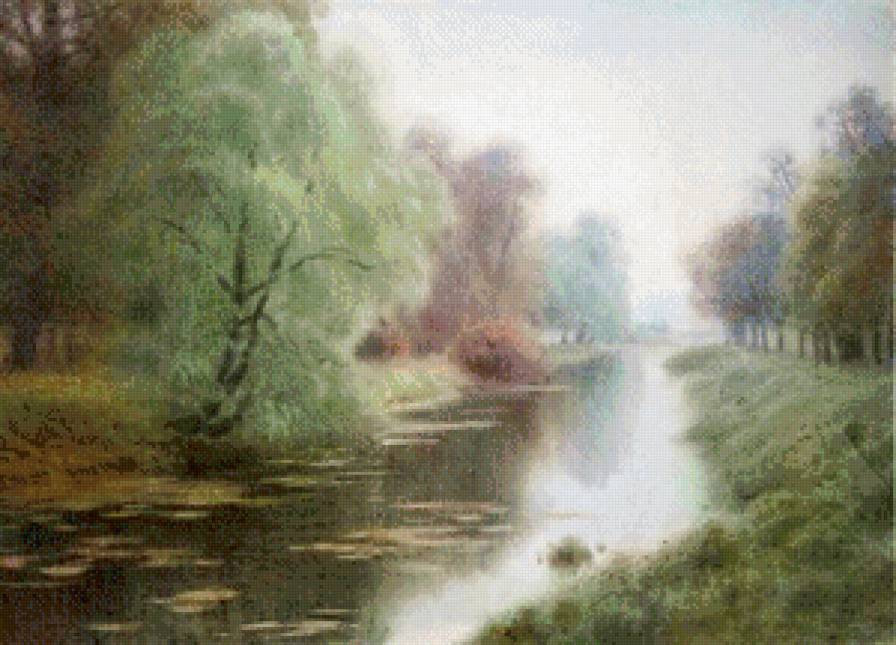 туман над рекой - туман, лес, река, пейзаж, лето, живопись, природа - предпросмотр