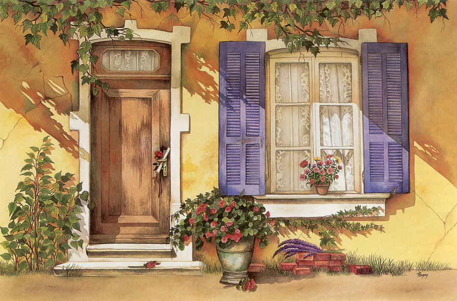 Улочка - дверь, цветы, розы, улица - оригинал