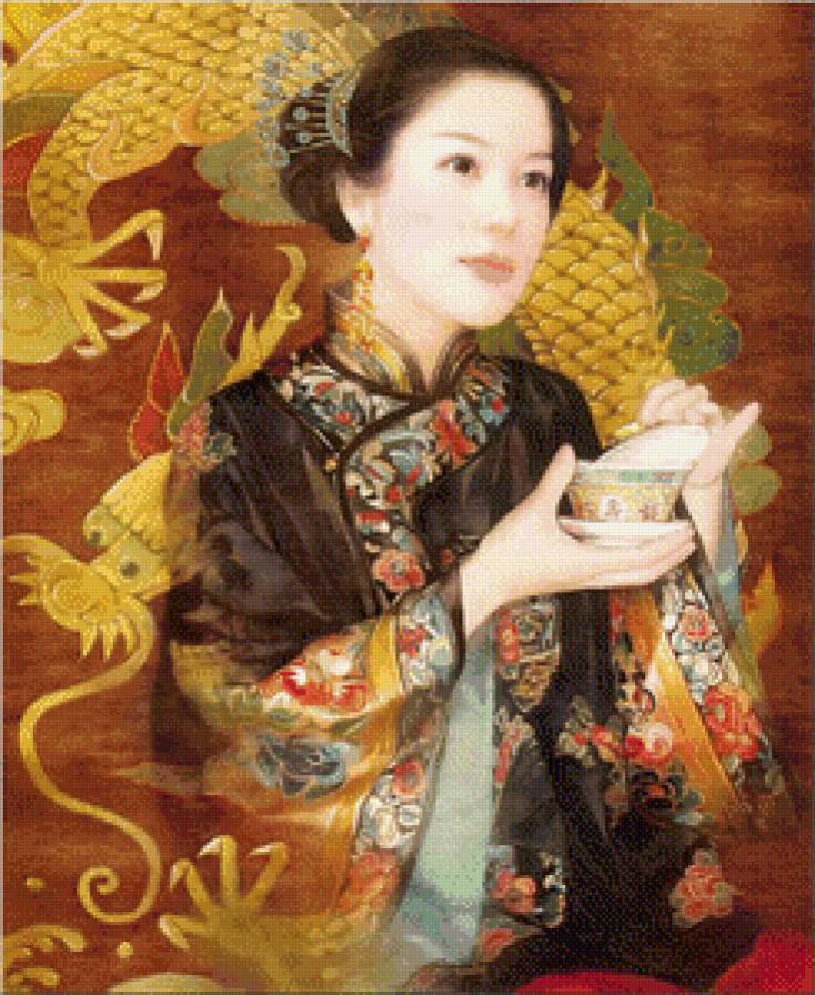 Китайская красавица - чай, девушка, чашка, китай, китаянка - предпросмотр