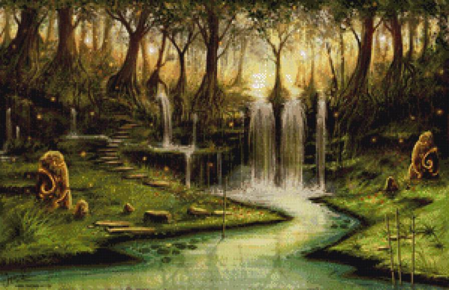 сказочный водопад - лес, сказка, пейзаж, водопад, фэнтези - предпросмотр