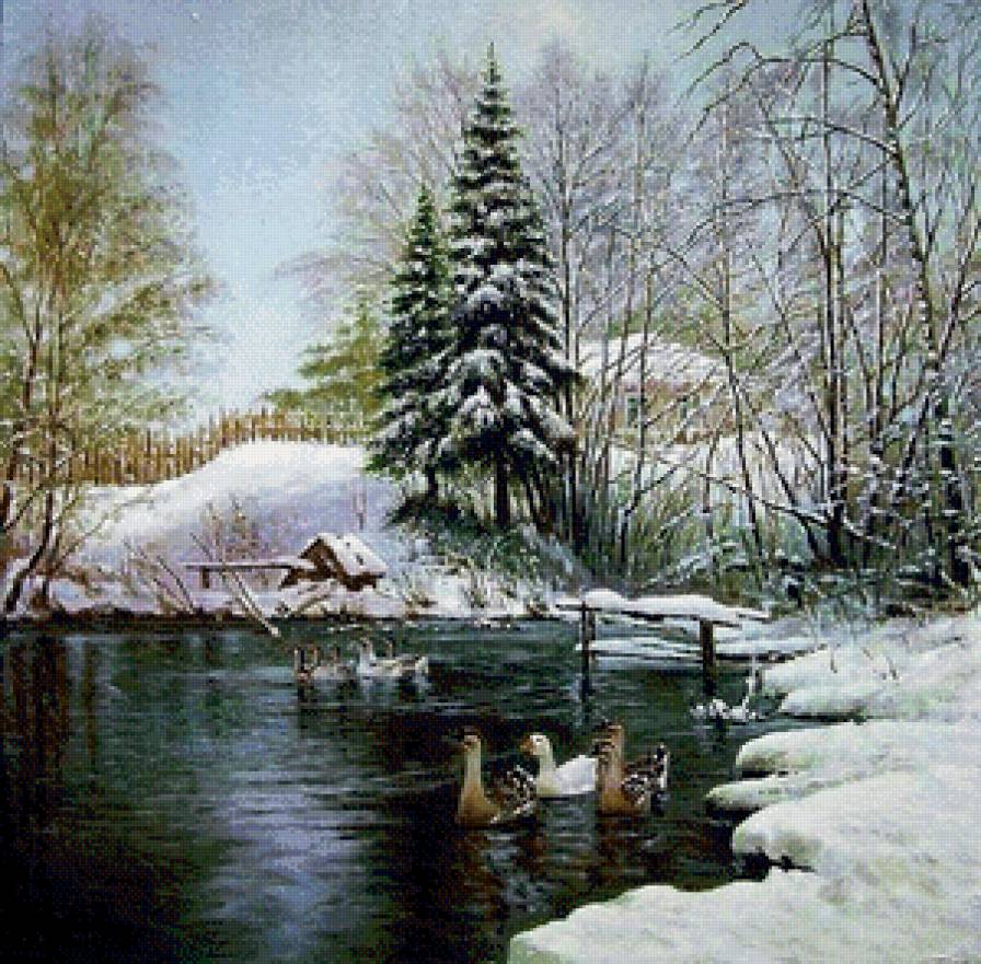 деревенский пейзаж - снег, птицы, водоем, пейзаж, природа - предпросмотр