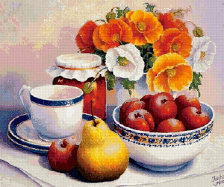 натюрморт с маками - фрукты, пано, цветы, ягоды - предпросмотр