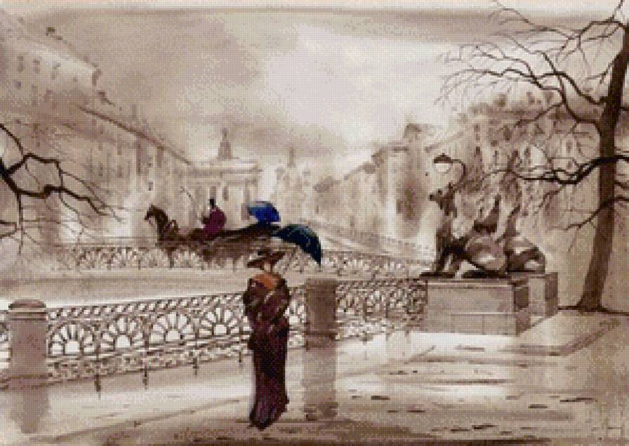 питербург - пейзаж, карета, город, питербург, монохром, зонтик, графика - предпросмотр