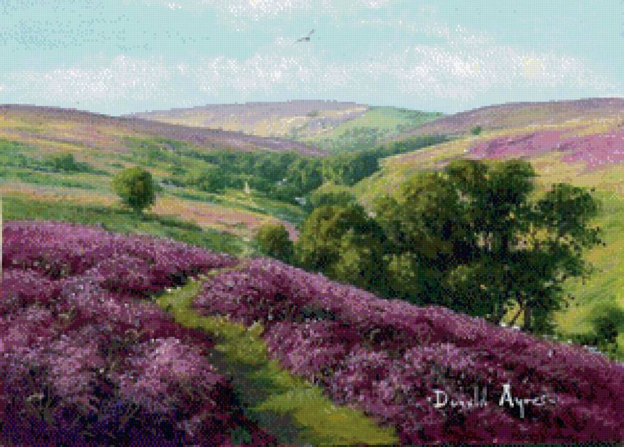 лавандовый пейзаж - поле, живопись, лето, лаванда, холм, пейзаж - предпросмотр